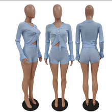 Load image into Gallery viewer, Single-breasted Striped Knit Two Piece Shorts Set