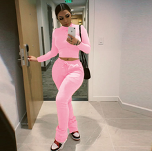 Load image into Gallery viewer, Plus Size Solid Plush Sweatshirt Stacked Pants 2 Piece Set