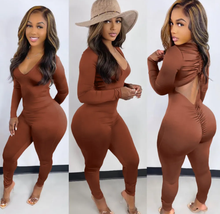 Load image into Gallery viewer, Solid V Neck Backless Drawstring Long Sleeve Jumpsuit