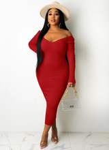 Load image into Gallery viewer, Solid Color Rib Off Shoulder Midi Dress