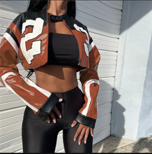Load image into Gallery viewer, Contrast Color Embroidery Splicing Faux Leather Jacket