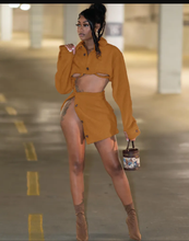 Load image into Gallery viewer, Long Sleeve Lapel Crop Tops And Split Skirts Two Piece Set