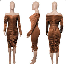 Load image into Gallery viewer, Sexy Velvet Drawstring Ruched Long Sleeve Midi Dress