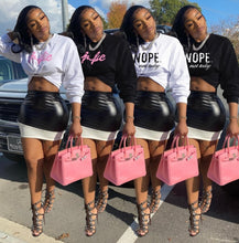 Load image into Gallery viewer, Letter Print Sweatshirt And Splicing Leather Skirt 2 Piece Set