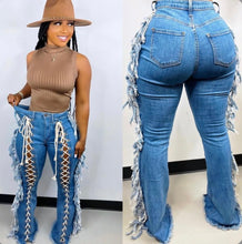 Load image into Gallery viewer, Denim Tassel Lace-Up Straight Jeans Pants