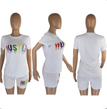 Load image into Gallery viewer, Letter Print Short Sleeve Shorts Two Piece Set