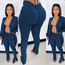 Load image into Gallery viewer, A Solid Ribbed Knit Bra Top+Cloak Coat+Split Pants 3 Piece Sets