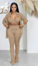 Load image into Gallery viewer, Casual Solid Bra+Long Sleeve Shirt+Slit Pant 3 Piece Set