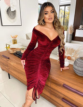 Load image into Gallery viewer, Sexy Velvet Drawstring Ruched Long Sleeve Midi Dress