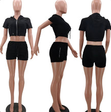 Load image into Gallery viewer, Solid Hooded Zipper Two Piece Shorts Sets