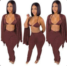 Load image into Gallery viewer, A Solid Ribbed Knit Bra Top+Cloak Coat+Split Pants 3 Piece Sets