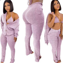 Load image into Gallery viewer, A Solid Ribbed Knit Bra Top+Cloak Coat+Split Pants 3 Piece Sets
