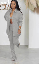 Load image into Gallery viewer, Casual Solid Bra+Long Sleeve Shirt+Slit Pant 3 Piece Set