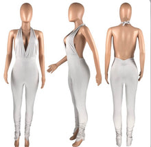 Load image into Gallery viewer, Sexy Solid Deep V Halter Backless Ruched Jumpsuit