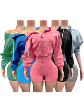 Load image into Gallery viewer, Zip-Up Hooded Fleece Top And Shorts Sports Two-Piece Set
