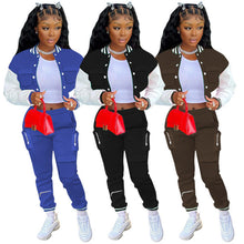 Load image into Gallery viewer, Casual Color Block Baseball Coat Two Piece Pants Set
