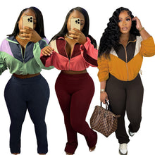 Load image into Gallery viewer, Colorblocked Zipper Cardigan Leggings Sweatsuit Suit
