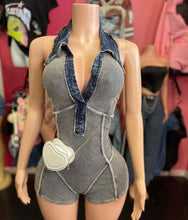 Load image into Gallery viewer, Lapel Sleeveless Denim Romper
