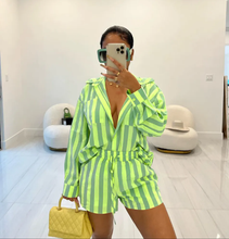 Load image into Gallery viewer, Long Sleeve Stripe Shirts Two Piece Shorts Set

