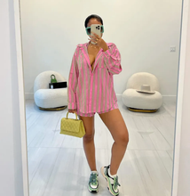Load image into Gallery viewer, Long Sleeve Stripe Shirts Two Piece Shorts Set
