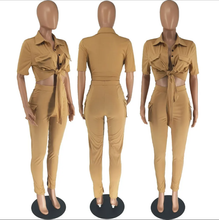 Load image into Gallery viewer, Solid Short Sleeve Shirt And Slit Pants Two Piece Set
