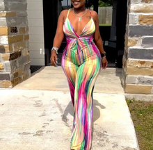 Load image into Gallery viewer, Plus Size Colorful Print Cross Lace Up Jumpsuit
