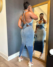 Load image into Gallery viewer, Halter Backless Gradient Color Denim Skirt Set
