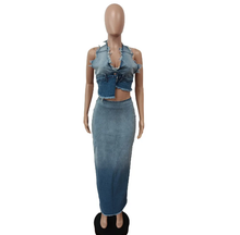 Load image into Gallery viewer, Halter Backless Gradient Color Denim Skirt Set
