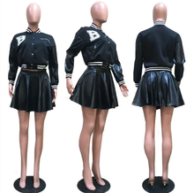 Load image into Gallery viewer, Plus Size Baseball Jacket+PU Leather Mini Skirt Two Piece Sets
