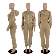 Load image into Gallery viewer, Irregular Zipper Hooded Sweatshirt And Pocket Pant Two Piece Set
