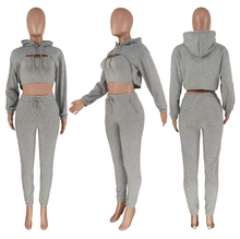 Load image into Gallery viewer, Solid Cropped Hoodie+Tank Top+Pants 3 Piece Sets
