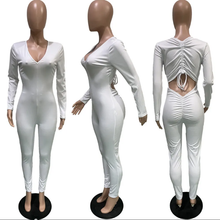 Load image into Gallery viewer, Solid V Neck Backless Drawstring Long Sleeve Jumpsuit
