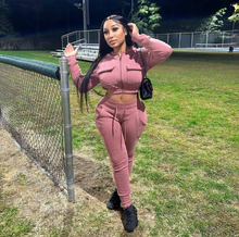 Load image into Gallery viewer, Solid Color Zipper Flap Pocket Sweatshirt Two-piece Suit
