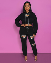 Load image into Gallery viewer, Heart Hollow Out Hot Drill Hooded Sweatshirt Pants Two Piece Set
