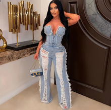 Load image into Gallery viewer, Wrap Chest Tassel Hole Denim Jumpsuit
