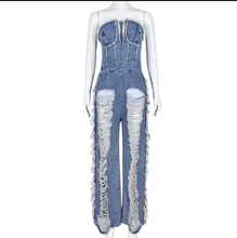 Load image into Gallery viewer, Wrap Chest Tassel Hole Denim Jumpsuit
