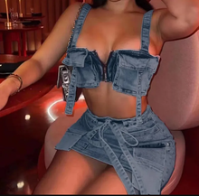 Load image into Gallery viewer, Fashion Denim Wrap Chest Vest And Skirt Two Piece
