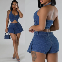 Load image into Gallery viewer, Slim Halter Button Vest Skirts Denim Two Piece Set
