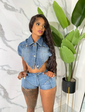 Load image into Gallery viewer, Sleeveless Irregular Crop Top Denim Two Piece Shorts Set
