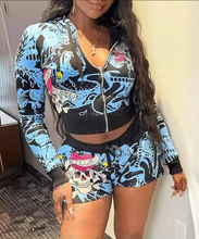 Load image into Gallery viewer, Print Long Sleeve Hooded Shorts 2 Piece Set
