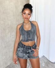 Load image into Gallery viewer, Sexy Denim Halter Tops Washed Two Piece Skirts Set
