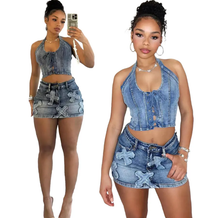 Load image into Gallery viewer, Sexy Denim Halter Tops Washed Two Piece Skirts Set
