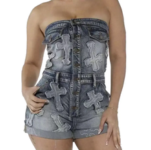 Load image into Gallery viewer, Embroidered Off Shoulder Denim Tube Tops Romper

