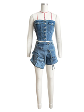 Load image into Gallery viewer, Single Breasted Wrap Top Denim Shorts Set
