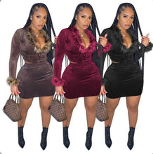 Load image into Gallery viewer, Sexy Velvet V Neck Long Sleeve And Skirt Two Piece Set
