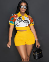 Load image into Gallery viewer, Fashion Print Rib Patchwork Two Piece Short Set
