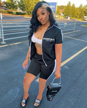 Load image into Gallery viewer, Letter Print Zipper Short Sleeve Shorts 2 Piece Set
