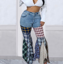 Load image into Gallery viewer, Denim Patchwork Plaid Print Flare Ruffles Pant

