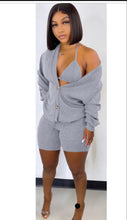 Load image into Gallery viewer, Solid Knitted Full Sleeve Coat+Bra Top+Shorts 3 Piece Sets
