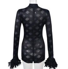 Load image into Gallery viewer, Long Sleeved Patchwork Feather Mesh Jumpsuit
